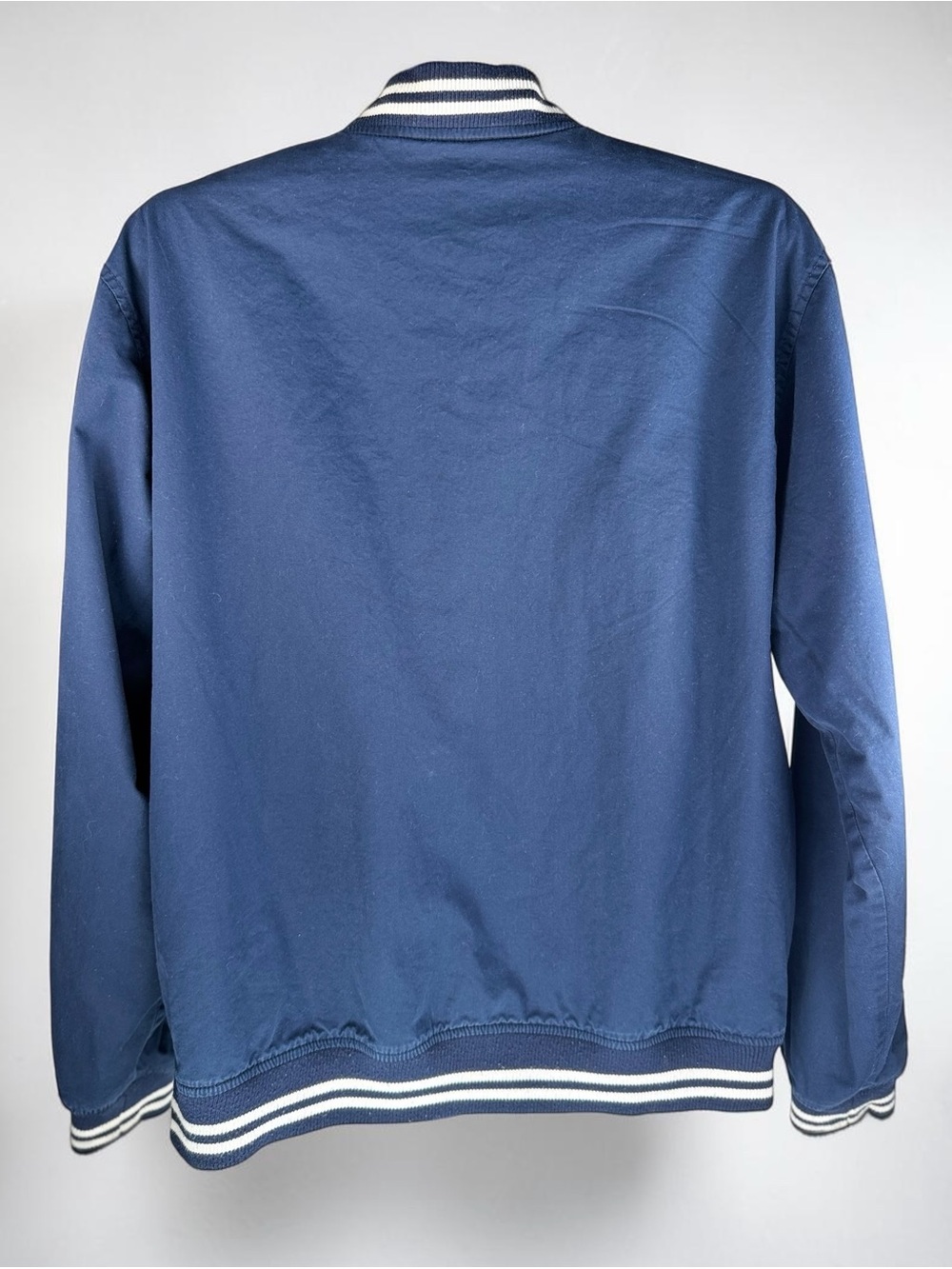 Old Navy Men’s XL Navy Cotton Varsity Bomber Jacket Striped Rib Trim Snap Front - Picture 4 of 17
